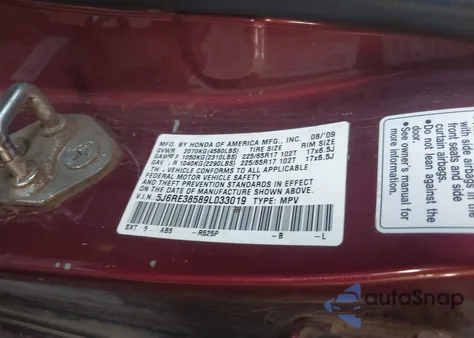 2009 Honda Cr-V Ex из США, поврежденный, VIN 5J6RE38589L033019